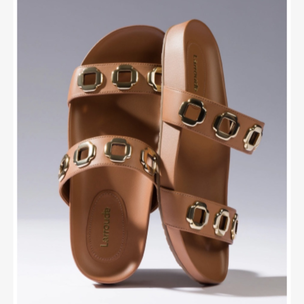 Larroudé Slide In Caramel Leather Size 9 NWOB Handmade in Brazil